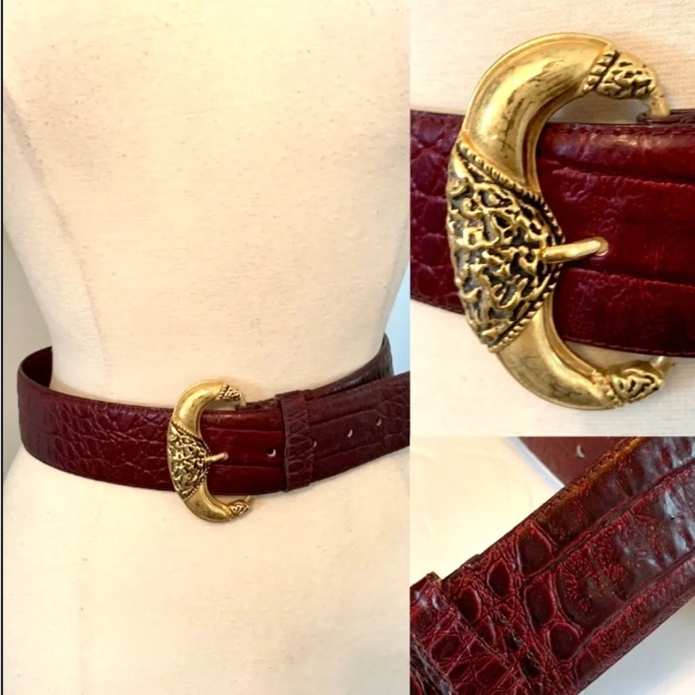 Vintage Milor Faux Alligator belt Gold Art Nouveau Modernist Buckle Brutalist